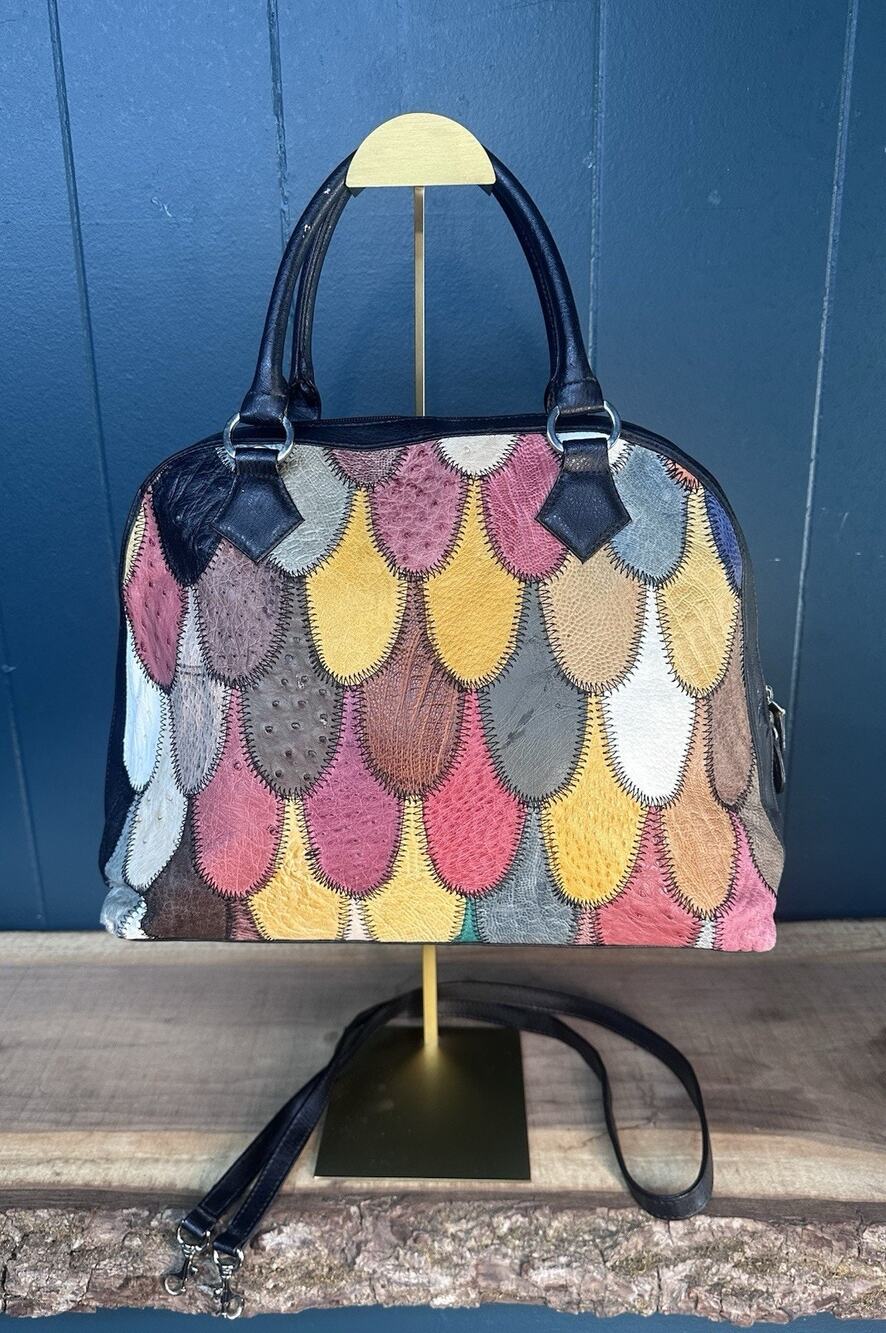 Genuin Ostrich Leather Patchwork Multicolor Satchel Shoulder w/ Crossbody strap